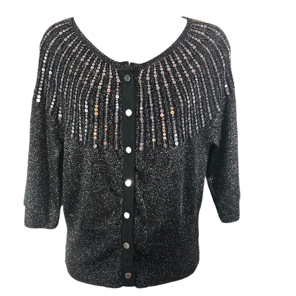 Harold's Women's SZ M Black Dressy Cardigan Silver Sequins Metallic Thread NWT